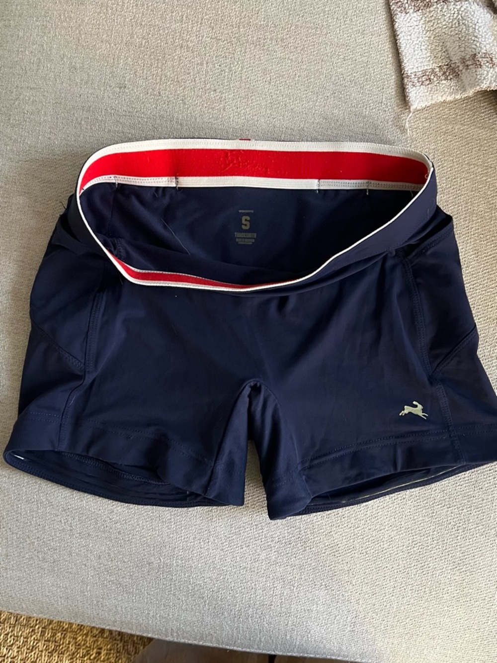 Tracksmith Navy Athletic Shorts with Red-Trim Waistband